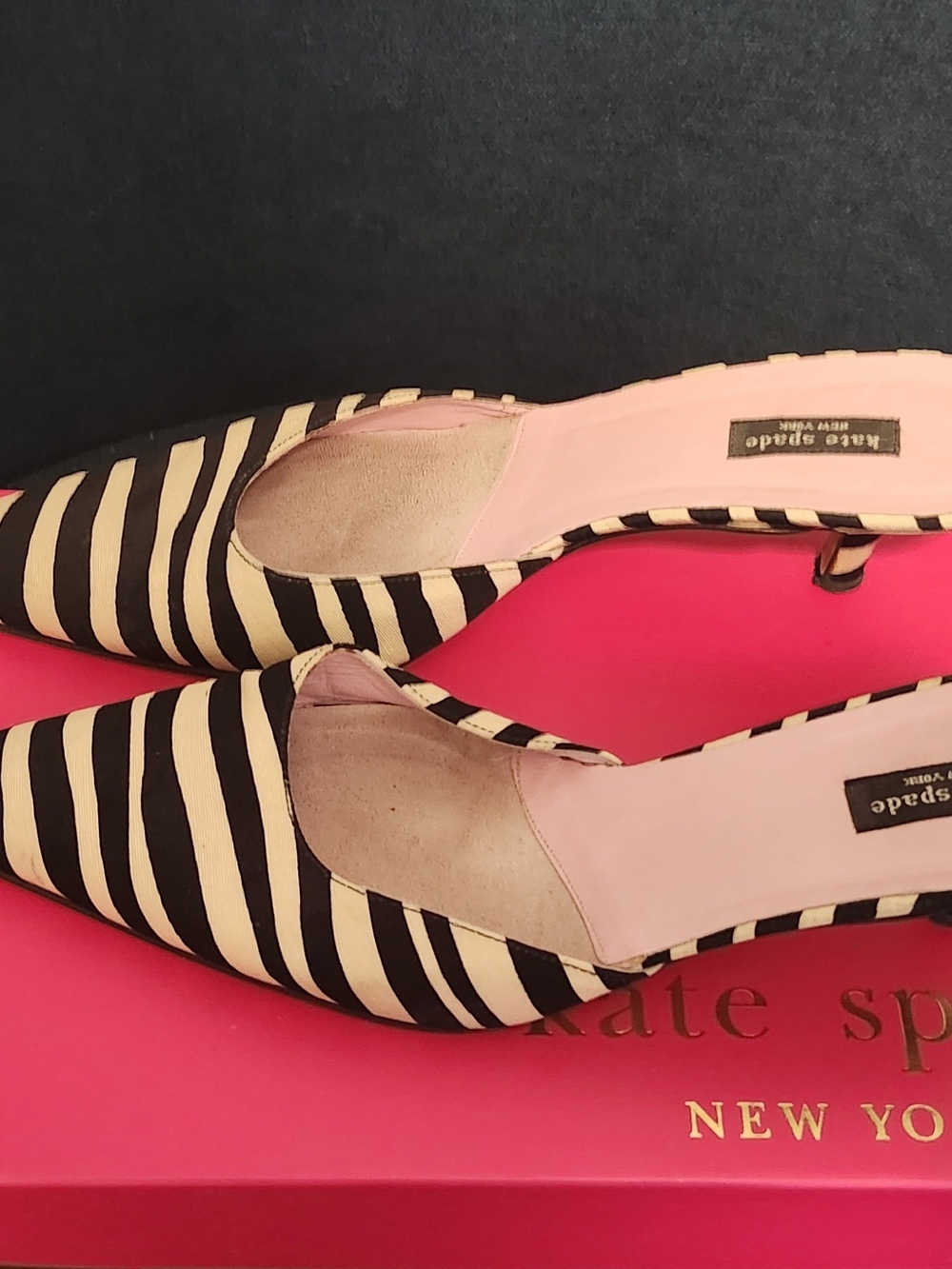 kate spade Black and White Striped Pointed-Toe Mules - Picture 2 of 8